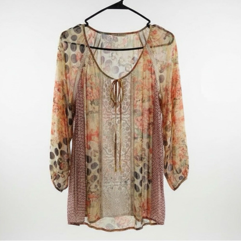 Floral Boho Sheer Cottagecore Patch look Blouse Shirt with Crochet Lace Accent